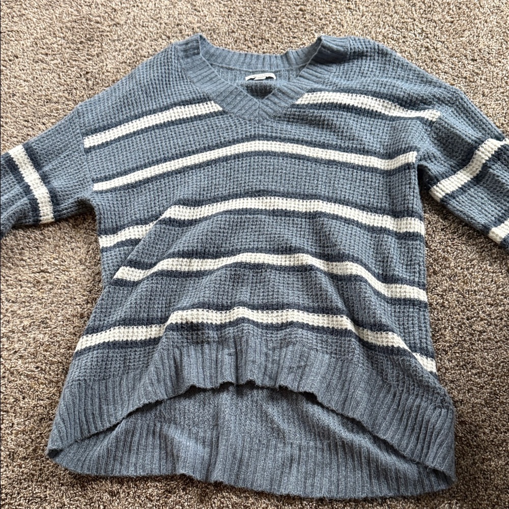 American Eagle Outfitters Blue and White V-Neck Sweater